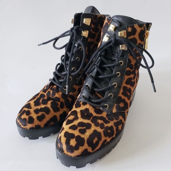 Michael Kors ROSARIO Leather Calf Hair Leopard Cheetah Combat Boots 7 7M brown - Picture 2 of 11